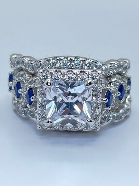 925 Sterling Silver Cushion Cut Diamond Sapphire R3 Band Wedding Ring‎ Set 5